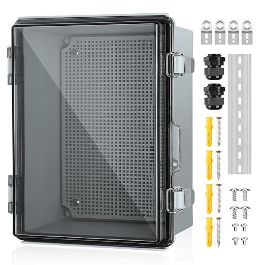Waterproof Electrical Junction Box, IP67 Plastic Weatherproof Electrical Enclosure with Aluminum DIN Rail, Mounting Plate, Wall Brackets for DIY Project WiFi, Clear (13.8''×9.8''×5.9")
