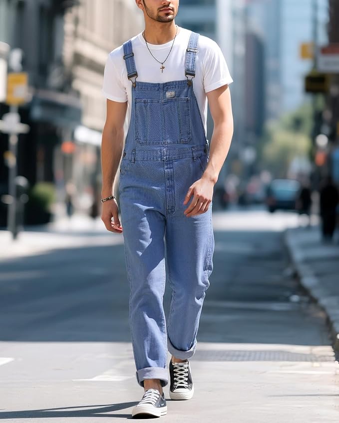HISEA Flex Denim Bib Overalls for Men, Blue Jean Fashion Casual Overalls, Relaxed fit Utility Workwear with Pockets