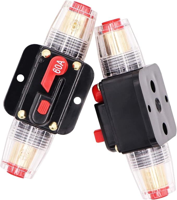 2 Pack 60A Audio Inline Circuit Breaker 12V with Manual Reset,Fuse Holder 60 amp Restable for 12V-24V DC Car Audio, Stereo Switch and Solar Inverter System