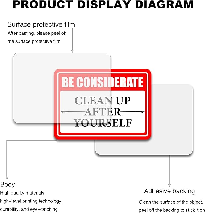 Clean Up After Yourself Sign, Self-Adhesive Waterproof Be Considerate Clean Up After Yourself Sign for Bathroom and Kitchen Keep This Area Clean Rules Sticker for Home, Restroom