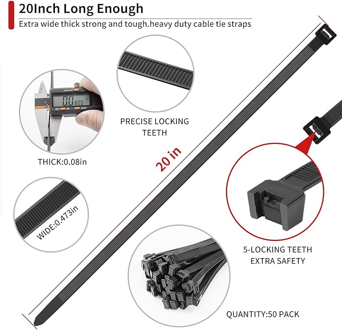 BethTie 20 inch (Width : 12mm) White Long Zip Ties Heavy Duty 50 Pack, 250 LBS Ultra Strong Plastic Wire Ties, Large Cable Ties Extra Long Tie Wraps For Indoor and Outdoor Use