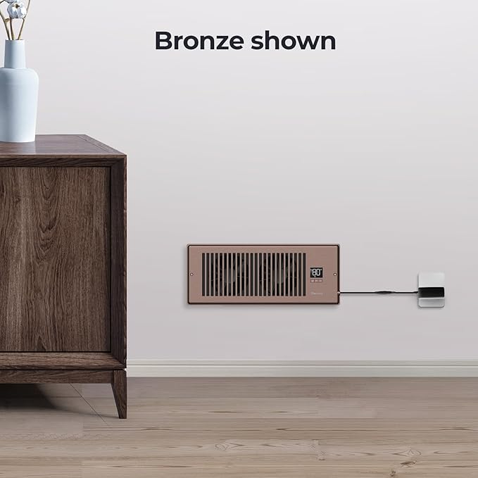 Quiet Register Booster Fan Fits 4" x 12" Register Holes, 10-Speed Smart Heating Cooling AC Vent Fan with Remote Control and Thermostat Control - Bronze