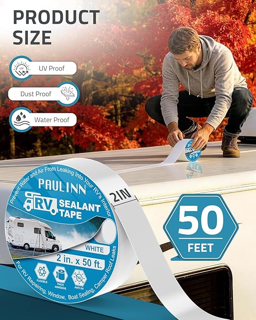 PAULINN RV Camper Roofing Repair Sealant Tape, 2 Inch X 50 Foot Natural White Trailer Roof Rubber Sealing Tape, UV & Weatherproof Roof Seal Tape for RV Camper Trailer Boat Sealing Leak Repair