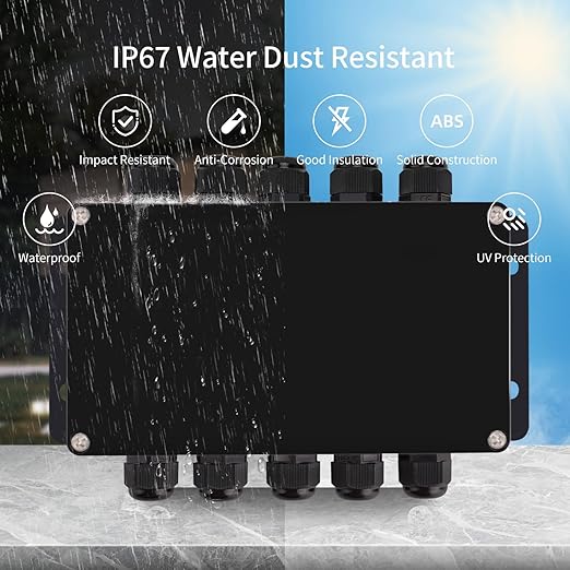 ABS IP67 Waterproof Dustproof Electrical Junction Box, with 15A 600V Barrier Terminal Cable Connector, 5 in/5 Out Power Junction Box（6.22 * 3.54 * 2.5in）
