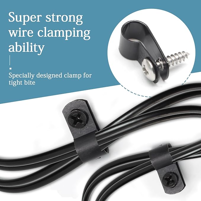 50 Pcs 1/3 Inch Black Nylon Screw Mounting R-type Cable Clip Wire Clamp, 8.4mm Cable Clip Wire Clamp for Wire Management, Stainless Steel Screws Included