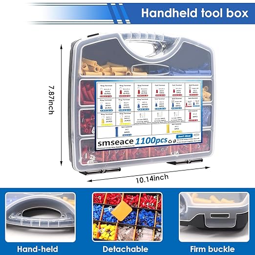 smseace 1100Pcs Crimp Wire Connectors with Crimping Tool Packed in Handheld Box 22-10AWG Insulated Wire Crimp Spade/Fork/Ring/Butt Electrical Speaker Wire Connector