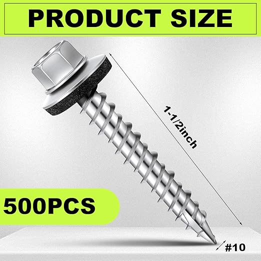 Tandefio Metal Roofing Screws (500) #10 x 1-1/2" Zinc Hex Head with Rubber Washer Sheet Roof Screws Self Tapping Metal to Wood Siding Screw