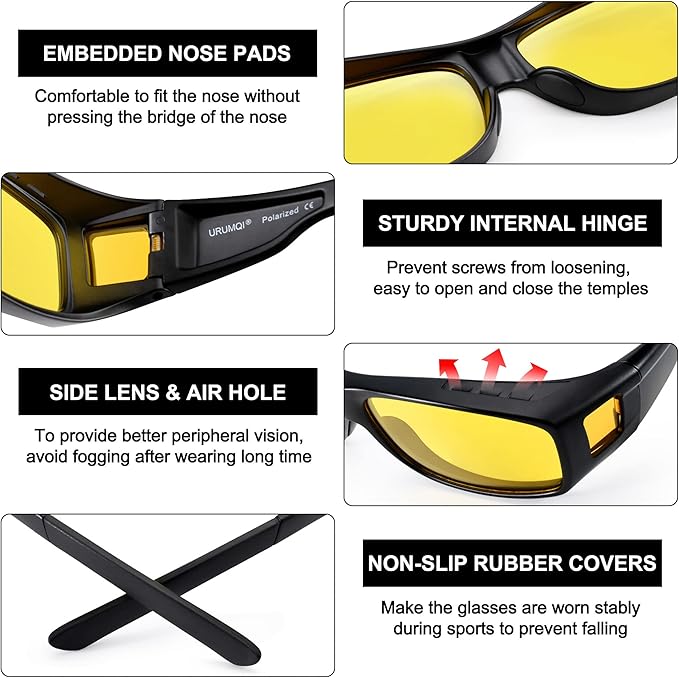 URUMQI Night Vision Driving Glasses Fit Over Eyeglasses for Men Women, Anti Glare Polarized Nighttime Glasses Yellow Lens