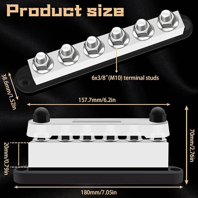 650A 12V Bus Bar Marine 12V - 48V Power Distribution Block with Cover with 6 x 3/8” (M10) Post,Battery 12V Bus Bar with 4PCS Battery Lugs and 4PCS Heat Shrink Tubing for Car Boat Marine