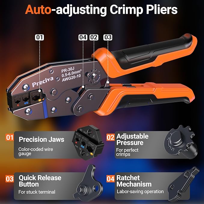 Preciva Crimping Tool for Insulated Terminals Wire Connectors, AWG20-10 Ratchet Crimper with 680 Pcs Insulated Terminals Connectors
