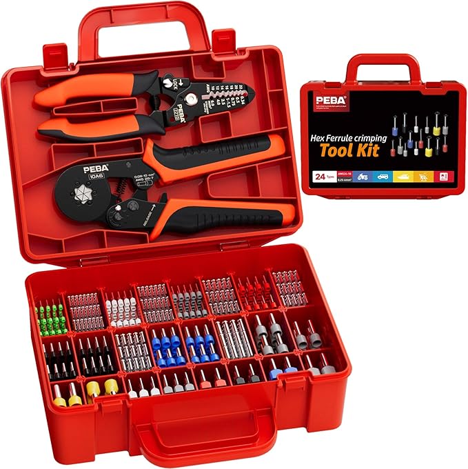 PEBA Ferrule Crimping Tool Kit - 24 Sizes Wire Ferrules and Hexagon Crimping Pliers AWG28-7 & Wire Stripper for Electrical Wiring/DIY Terminals | Self-Adjusting Ratchet Crimper - Copper Ferrule Kit