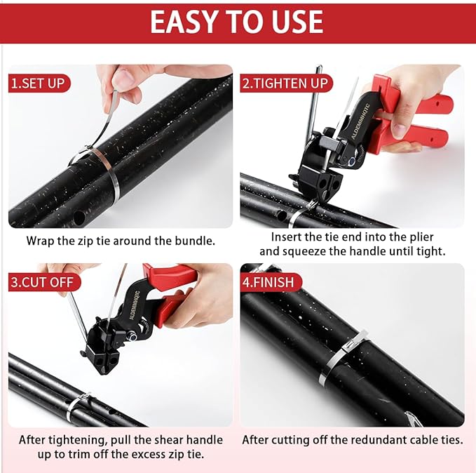 Metal Zip Tie Tool 300PCS (100 Each: 7.8/12/15.7 Inch) Stainless Steel Cable Tie Gun Kit | Self-Locking Fastening & Cutting Tool Metal Zip Tie Gun for Fencing, Exhaust Pipes, Automotive (Red)