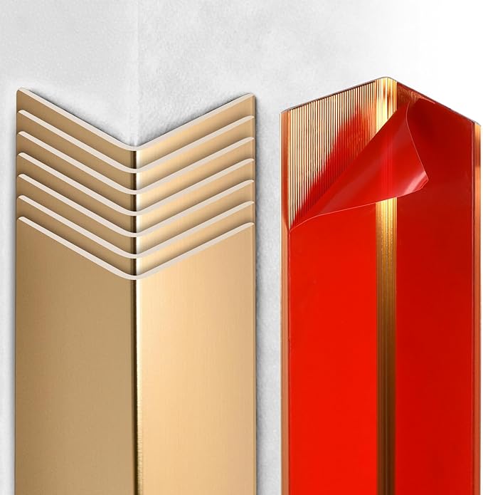 Raytano 8Pcs 45" L ×1" W Self Adhesive Metal Corner Protectors, Modern Aluminum Wall Corner Guards for Wall Door Furniture Cabinet Baseboard Frame Protection and Decoration (Size:45" x 1",Golden)