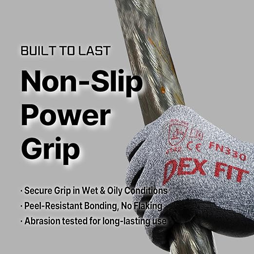 DEX FIT Nitrile Work Gloves FN330, 1 Pair, 3D-Comfort Stretchy Fit, Firm Grip, Thin & Lightweight, Touch-Screen Compatible, Durable, Breathable & Cool, Machine Washable; Grey M (8)
