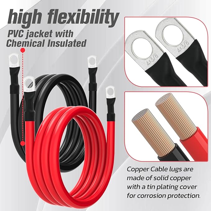 4 AWG Battery Cable 4AWG Gauge Battery Inverter Cables for Automotive Solar Marine Boat RV Car Motorcycle (4 AWG, 6FT, 3/8")
