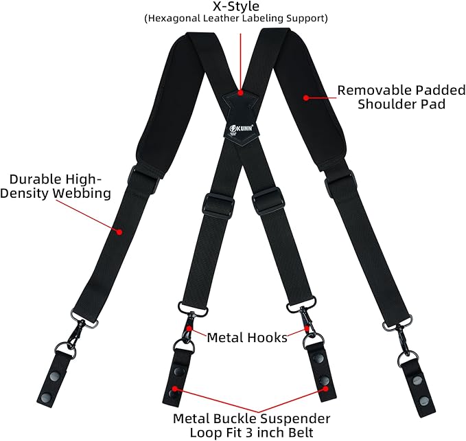 KUNN Tactical Duty Belt Suspenders with Metal Hook,Men Padded Police Harness for Duty Belt,Black