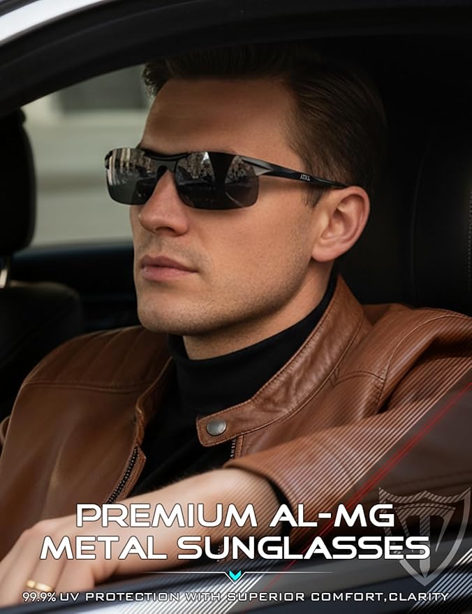 ATTCL Polarized Sunglasses Men Sports: UV Protection Anti Glare Wrap Around Lightweight Metal Driving Fishing Golf Running