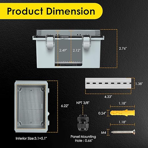 Waterproof Electrical Junction Box, IP67 Plastic Weatherproof Electrical Enclosure with Aluminum DIN Rail, Mounting Plate, Wall Brackets for DIY Project WiFi, Clear (5.9"×3.9"×2.8")