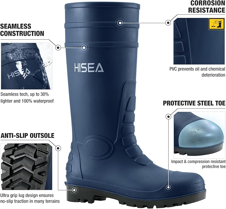 HISEA Men's Steel Toe Rain Boots PVC Rubber Boots, Waterproof Garden Fishing Outdoor Work Boots, Durable Slip Resistant Knee Boots for Agriculture and Industrial Working