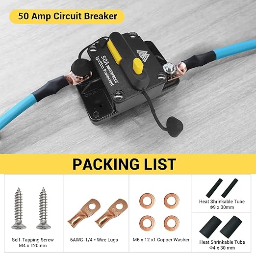 50Amp Circuit Breaker for Trolling Motor Marine Boat ATV Vehicles Stereo Audio Solar Battery System with Manual Reset Inline Fuse with 1/4" M6 Screw Stud DC IP67 Waterproof 12-48V