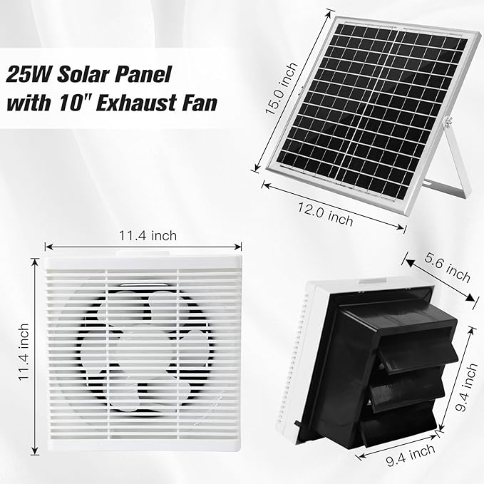 Solar Powered Exhaust Fan, 25W Solar Panel +10" Shutter Ventilation Vent Fan for Outside Greenhouse, Chicken Coop, Shed, Pet House