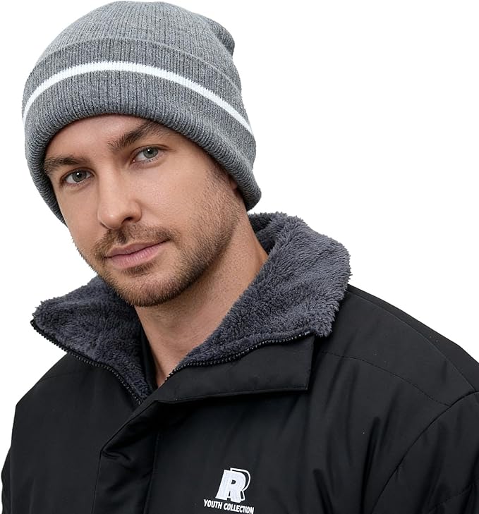 MELASA Fleece Lined Warm Winter Hat, High Visible Reflective Strip Knit Cuffed Beanie Safety Hat for Outdoor Work Running