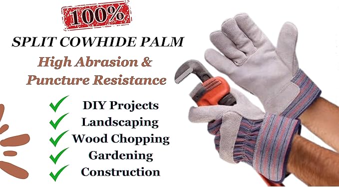 Greendale (3, 6 or 12 Pack - Leather & Cotton Work Gloves: Garage, Yard, Garden, Industrial, Commercial - One Size Fits Most