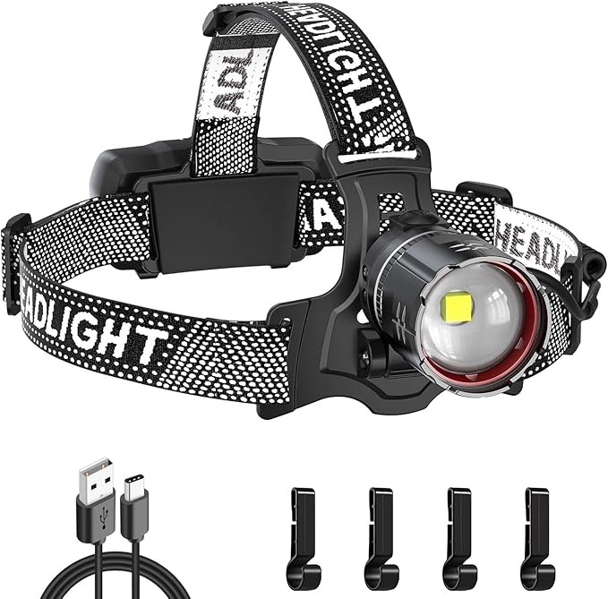 Super Bright LED Headlamp, High Lumen Rechargeable Head Lamp with Motion Sensor, 5 Modes, IPX5 Waterproof, 90° Adjustable, Zoomable Head Lights for Adults, Hard Hat, Outdoor, Camping
