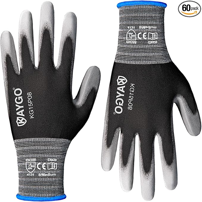 KAYGO Work Gloves PU Coated-60 Pairs, KG15P,Nylon Lite Polyurethane Safety Work Gloves, Gray Polyurethane Coated, Knit Wrist Cuff,Ideal for Light Duty Work(M (60Pairs), Black)