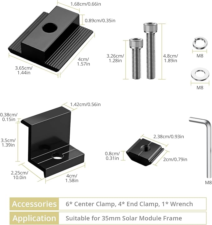 Anbte 10 PCS Solar Panels Brackets 35mm, Aluminium 6 x T-Shaped Mid Clamps + 4 x End Clamps, Solar Panel Mounting Brackets for Metal, Tin, Flat, Sheet Roofs, RV, Black