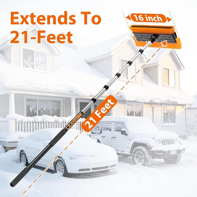 Year-Round Roof Rakes for Snow, Leaves & Moss – 16” No-Scratch Foam Blade & Roof Brush, 4.7-21ft Telescoping Snow Rake for Roof, Solar Panels, RVs & Cars, C-Shaped Push/Pull Roof Snow Removal Tool
