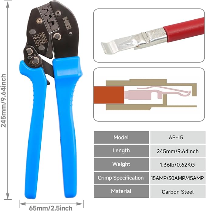 HKS Ratchet Crimping Tool for 5, 30 & 45 Amp Contacts DC Power Connector, Powerpole Crimper with Build-in Orientation Block