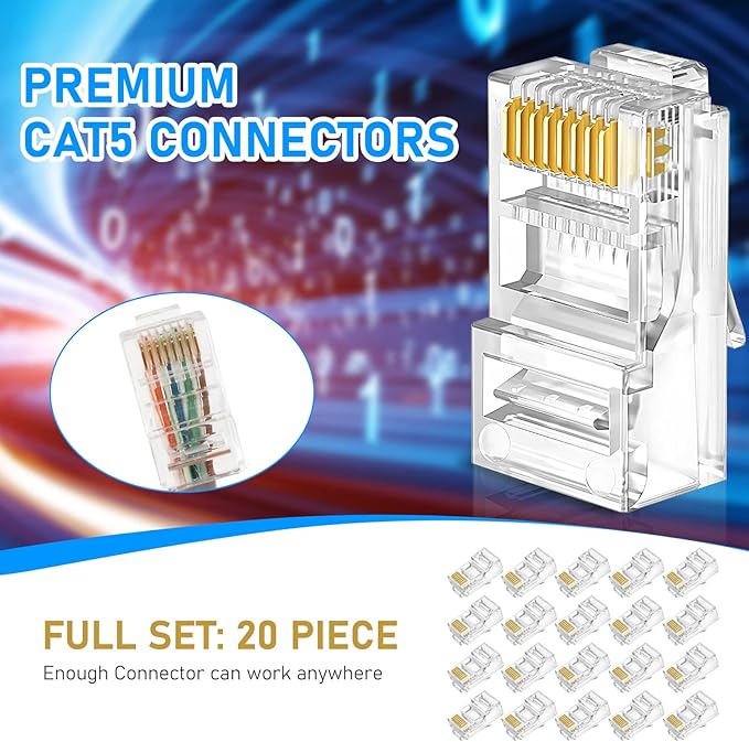 RJ45 Crimp Tool Kit for Cat5 Cat5e Cat6, Ethernet Crimper Toolkit with a RJ45 Crimping Tool, RJ45 Cat5 Connectors, RJ45 Connector Covers, Network Cable Tester, Pack of 10