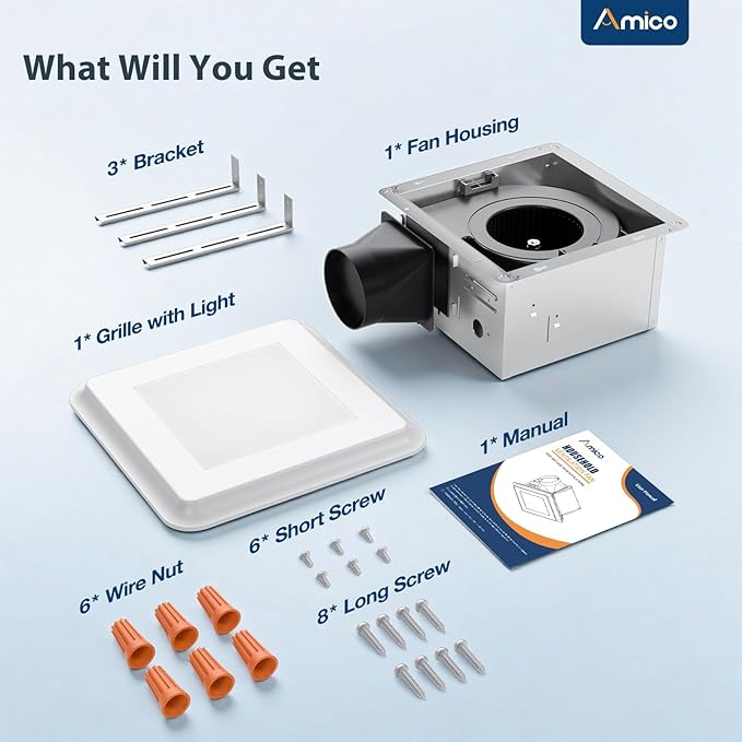 Amico Bathroom Exhaust Fan with Light, 110 CFM, 1.0 Sones, 5CCT, Easy Retrofit without Attic Access, Adjustable Bathroom Fan with light, Quiet Operation, ETL & FCC Certified