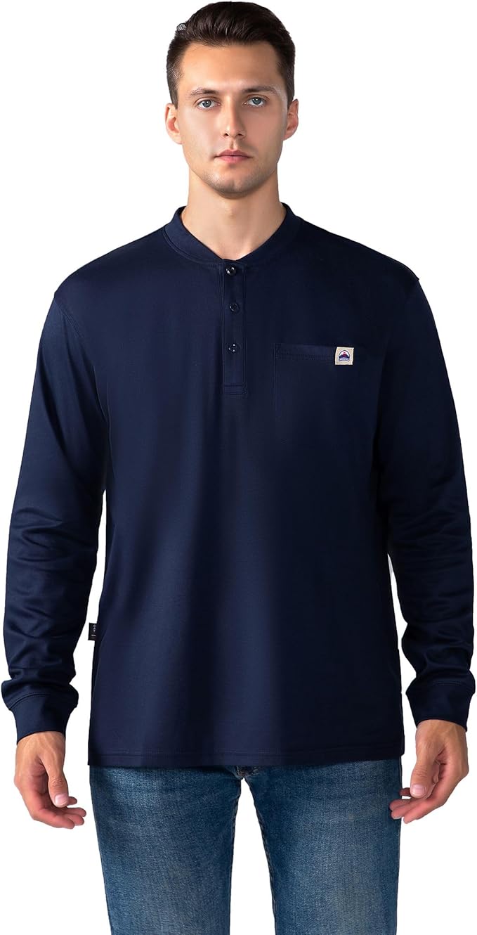 FR Henley Shirts for Men Flame Resistant Lightweight Welding 6.5oz 100% Cotton CAT2 Long Sleeve Fire Retardant FRC Clothing