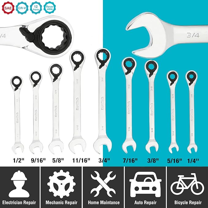DURATECH Reversible Ratcheting Combination Wrench Set, SAE, 9-Piece, Open end Spanner with Rolling Pouch, 1/4'' to 3/4", 12 Point, CR-V Steel