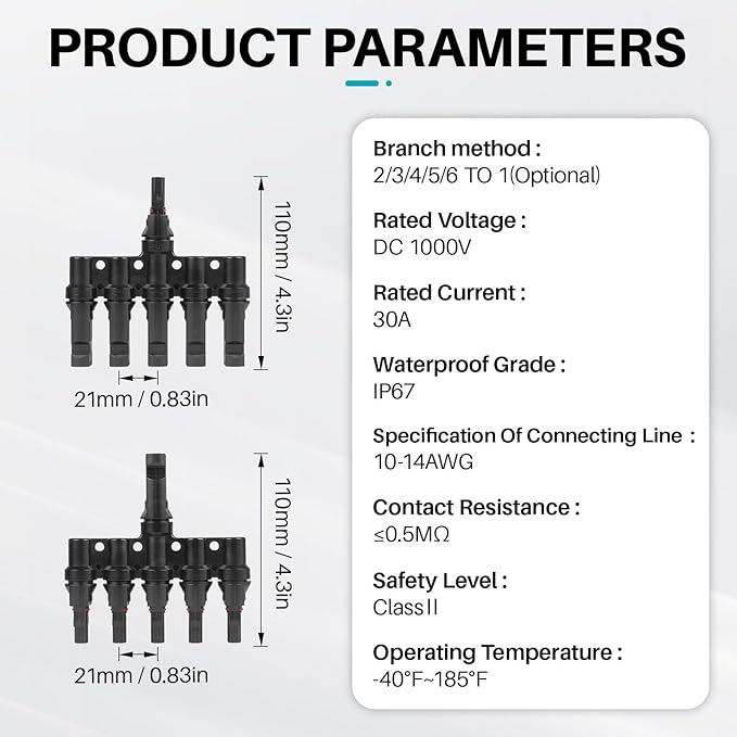 Solar Panel Connector 5 to 1 T Branch Parallel Adapter, 30A 1000V 10AWG Tool-Free IP68 Waterproof Cable for Solar Panels (T Branch, 5to1(1Pairs))