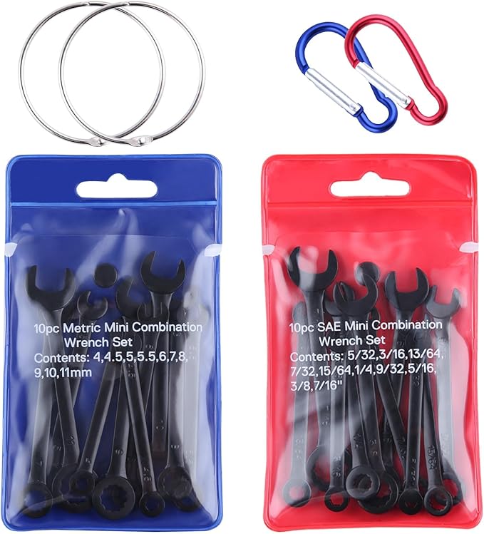 20PCS Mini Wrench Set Standard Metric and SAE 4mm-11mm & 5/32"-7/16" Open End and Box End Combination Wrench Set Super with Portable Pouch and Key Rings, Black Electrophoretic Coating