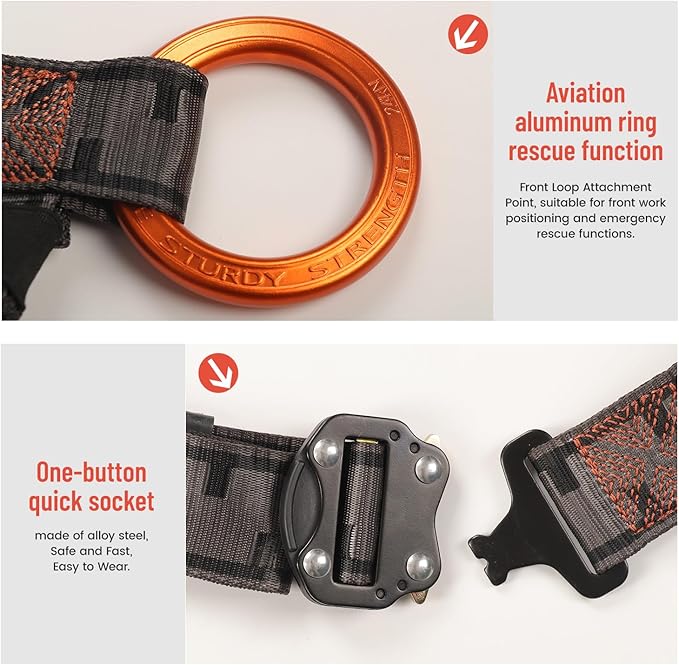 Safety Harness Fall Protection Padded on the shoulders, waist, and legs, featuring front O-rings, with upgraded quick-release buckles, meets ANSI standards, suitable for roofing work, construction
