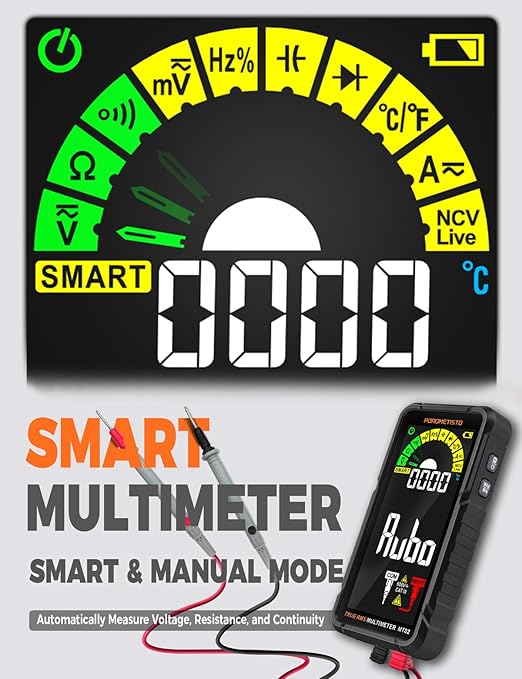 Digital Multimeter Tester 6000 Counts TRMS, Smart Multimeter Rechargeable, Auto-Ranging Volt Meter Measures Voltage Current Resistance Diodes Continuity Capacitance Temperature NCV