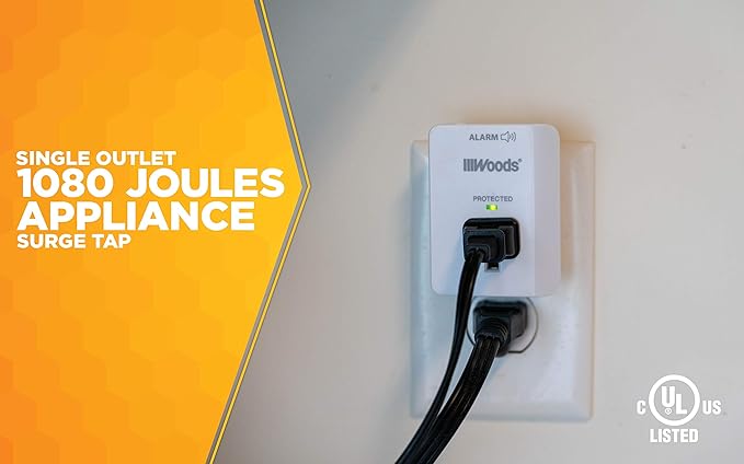 Southwire Woods Surge Protector - 1 Outlet - 1080J Appliance Surge Protection - LED Indicator Light and Alarm - Slim Space Saving Design - White - cULus Listed