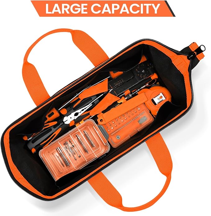 Tool Bag, Large Tool Organizer Bag with 18 Pockets,15.7x 11.4x 9.8 inch, Heavy Duty 600D Fabric, Black and Orange
