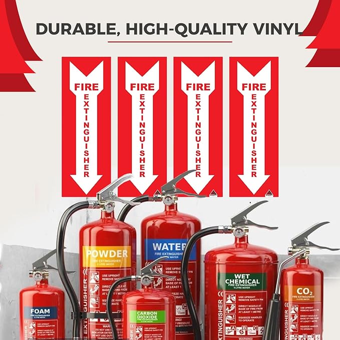 Fire Extinguisher Sign Stickers [25 Pack]- 4"X 2" Permanent Adhesive Label for Indoor Use. High Visibility Fire Extinguisher Sign for Use with Fire Extinguisher Hanger Or Fire Extinguisher Cabinet
