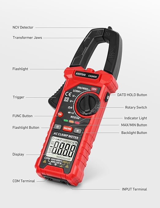 AstroAI Digital Clamp Meter Multimeter 2000 Counts Amp Voltage Tester Auto-ranging with AC/DC Voltage, AC Current, Resistance, Capacitance, Continuity, Live Wire Test, NCV, Black