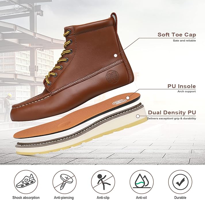 HANDPOINT Men's Classic 6" Leather Soft Toe Slip Resistant Durable Breathable Brown Work Boot 84994