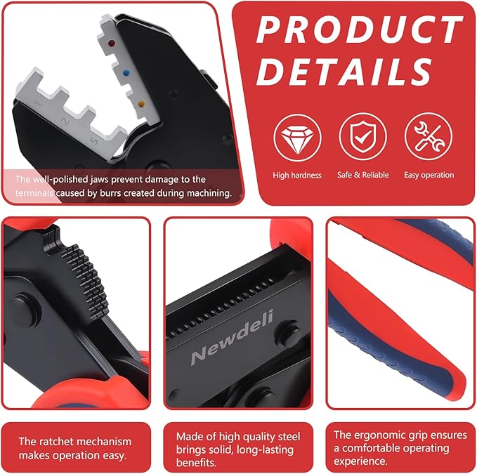 Newdeli Wire Crimping Tool Kit 7PCS Ratchet Wire Crimper Plier for Heat Shrink Connectors Ferrule Connectors Solar Connector Open Barrel Connector Insulated Nylon & Non-insulated Ring Terminals