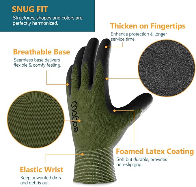 COOLJOB Gardening Gloves for Men, 2 Pairs Breathable Rubber Coated for Garden Weeding Landscaping, Outside Work for Lawn Yard, Men's Medium Size, Black & Green