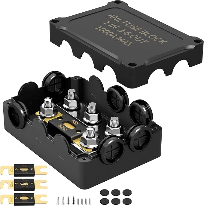 DaierTek ANL Fuse Holder M8 Stud Terminals Max 1000A Marine ANL Fuse Block 1 In 3-6 Out ANL Fuse Block with 200A 400A 600A 800A ANL FUSE for Automotive Car Truck Boat