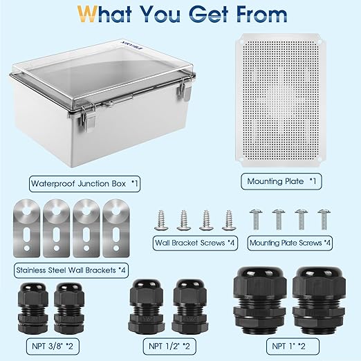 Waterproof Outdoor Project ABS Plastic Junction Box IP67 Weatherproof Dustproof Enclosure with Hinged Cover, Mounting Plate,Wall Brackets for Power Project (Clear,13.8"x9.8"x5.9")