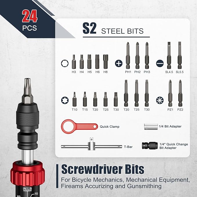 VANPO Torque Screwdriver, 24 Pcs 10-70 Inch Pound Torque Screwdriver Set with Hex, Torx, Phillips, Pozidriv, Schlitz,Bits Adapter, T-Bar Handle for Bike Repair, DIY and Maintenance
